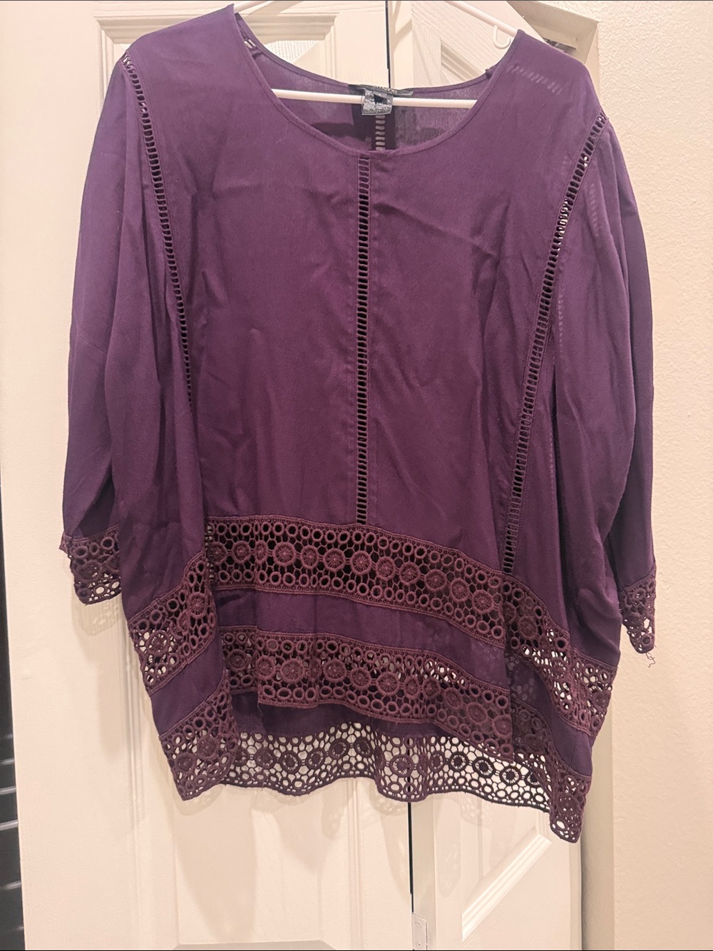 Karen Kane Purple Crochet-Trim Peasant Blouse